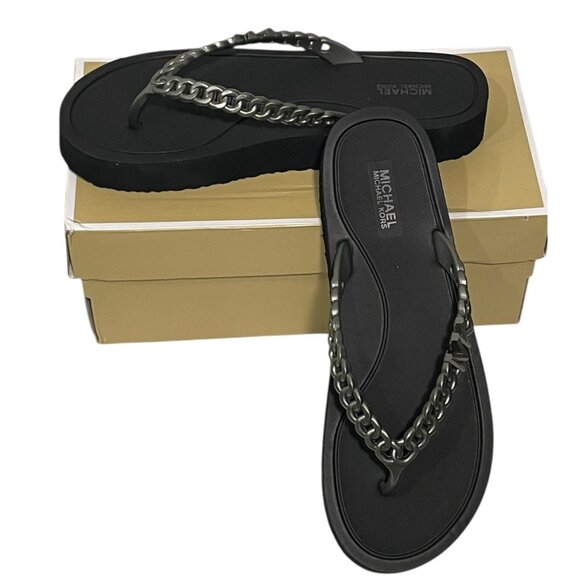 Michael Kors Womens Zaza Flip Flops Black Anthracite Size 8 New in Box READ - Picture 1 of 12